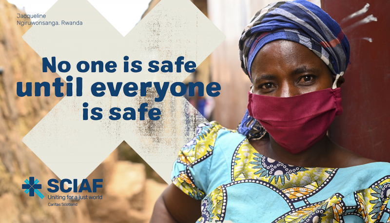 Banner image is of woman wearing face mask with text saying 'no one is safe until everyone is safe'