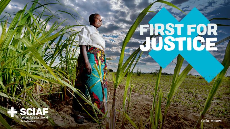 Sofia from Malawi standing in a field looking into the distance. Dark skies in the background. Includes SCIAF logo and text that says 'First for Justice'.